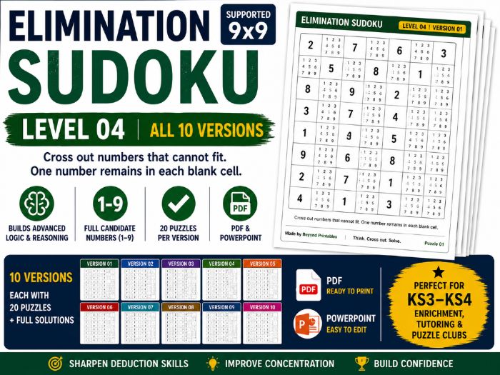 Elimination Sudoku Level 4 Bundle | 10 Versions | 200 Supported 6×6 Logic Puzzles