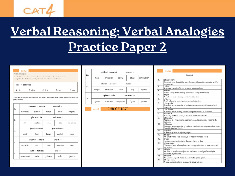 CAT4 Verbal Reasoning: Verbal Analogies Practice Paper 2