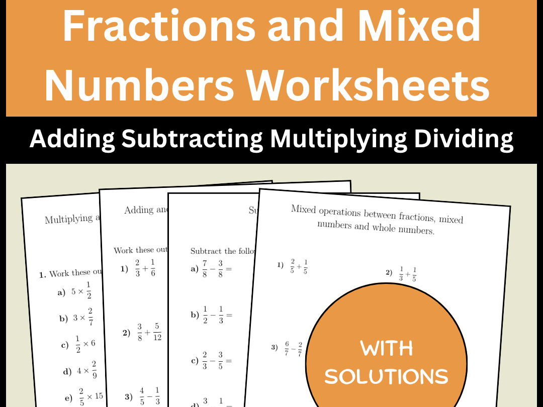 Fractions and Mixed Numbers Worksheets Adding Subtracting Multiplying Dividing