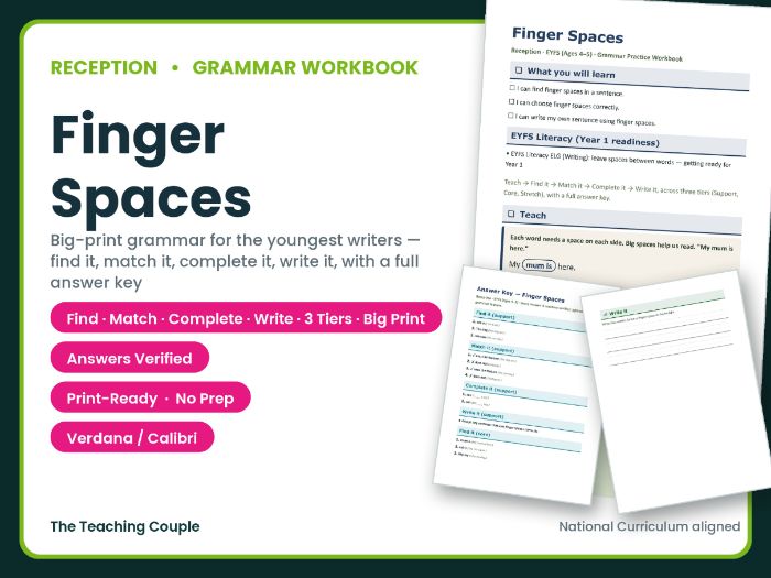 Reception Finger Spaces Worksheets – Grammar Workbook + Answer Key