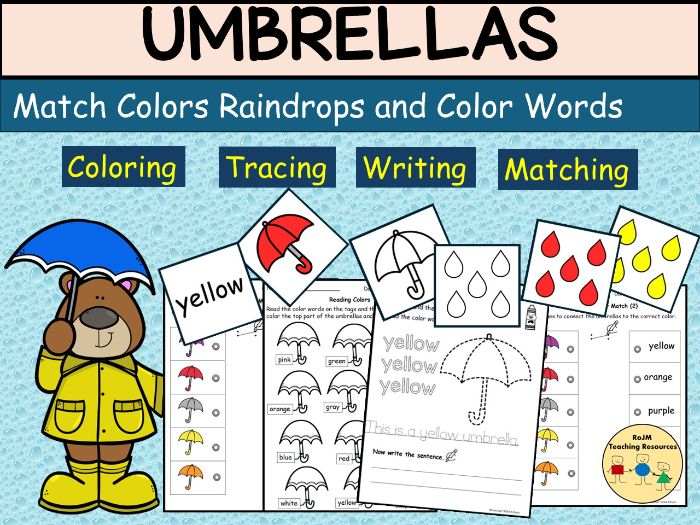 Colors Umbrellas Match Sort Raindrops Worksheets Spring Summer