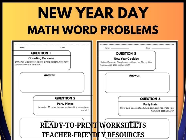 New Year's Eve Math Word Problems | 40 Printable Math Worksheets Grades 2–8