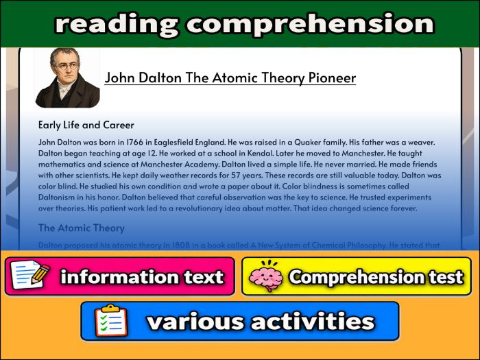 John Dalton The Atomic Theory Pioneer- Reading Comprehension, Worksheet & Activities