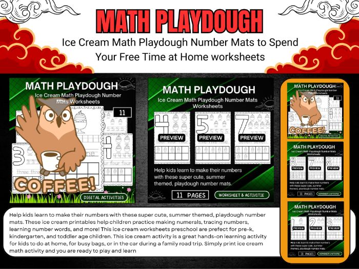 Ice Cream Math Playdough Number Mats Worksheets printable winter activities