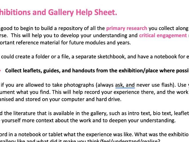 Visiting a Gallery worksheet for art/ photography students.