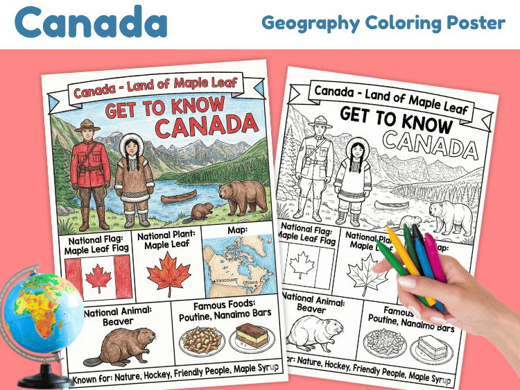 Canada Geography Coloring Poster | Country Facts & Map Activity