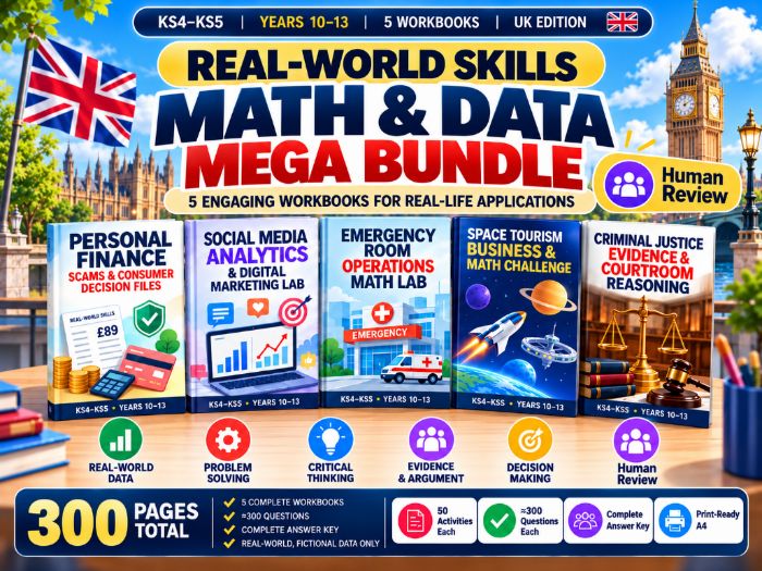 KS4–KS5 Real-World Maths, Data & Critical Thinking Bundle 300 Pages 5 Workbooks