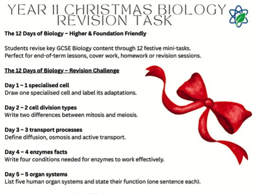 Year 11/ 12 Days of Christmas Biology Revision Worksheet with Answers/GCSE/AQA/Combined Science