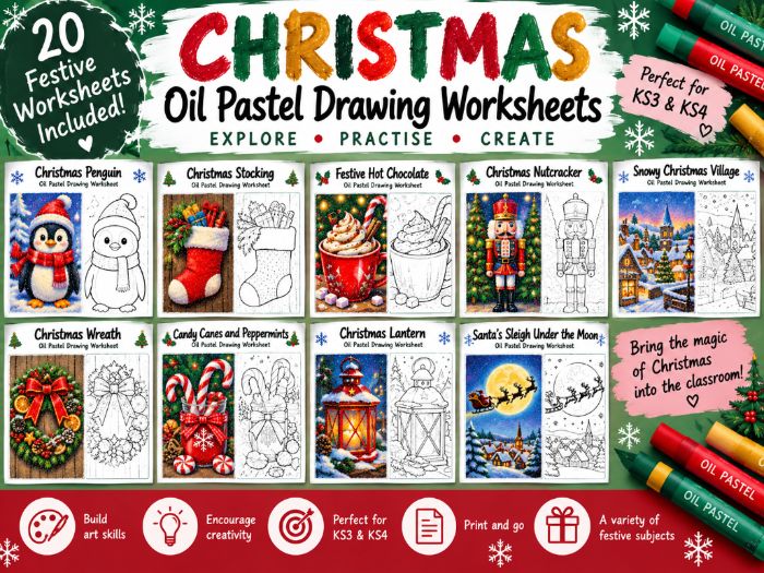 Christmas Oil Pastel Drawing Worksheets | 20 Festive Art Activities | KS3 KS4
