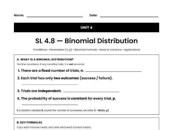 IB Math AI Worksheet SL 4.8 - Binomial Distribution