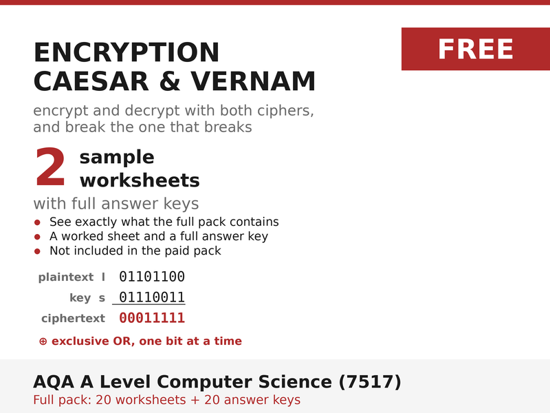 FREE Encryption Sample: Caesar & Vernam | AQA A Level Computer Science 7517 | 2 Worksheets + Answers