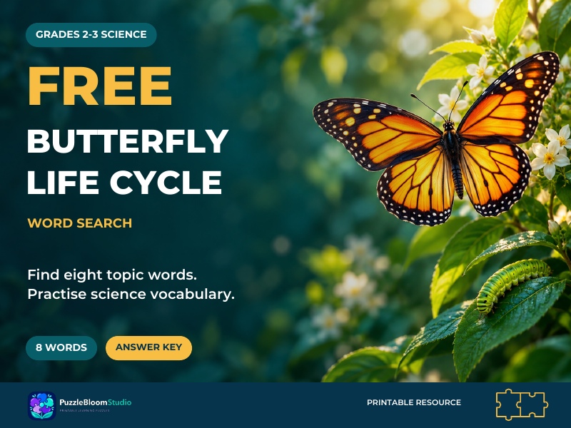 FREE Butterfly Life Cycle Word Search | Grades 2-3 Science