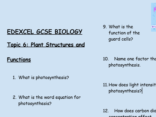 Edexcel GCSE Biology Topic 6: Plant Structures and Functions – 30 Q's Retrieval Sheet (With Answers)