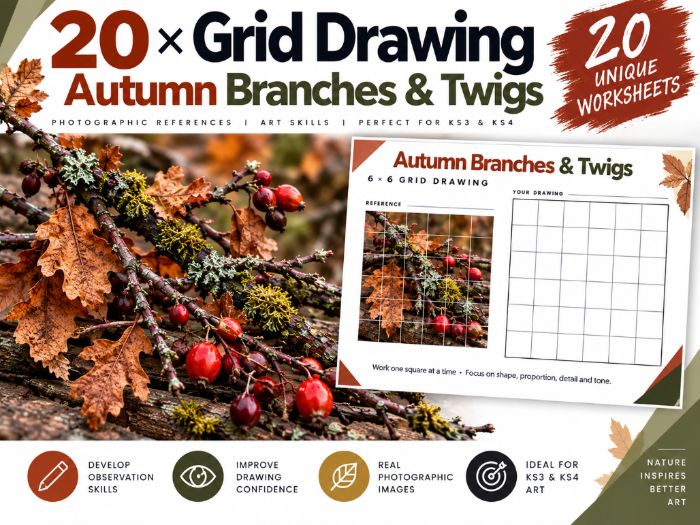 Autumn Branches & Twigs Grid Drawing Worksheets | 20 Art Activities | KS3 & KS4