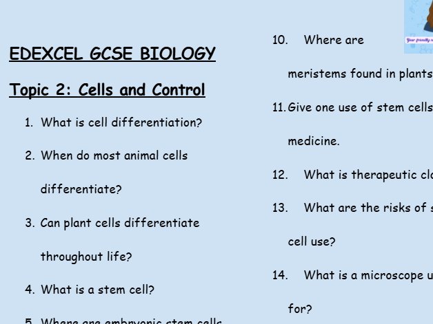Edexcel GCSE Biology Topic 2: Cells and Control – 30 Question Retrieval Sheet (With Answers)