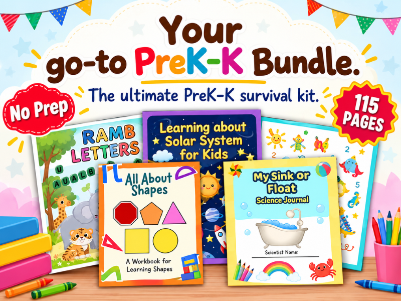 Pre-K & Kindergarten Summer Learning Packet | Low-Prep Math, Literacy & Science Bundle (115 Pages)