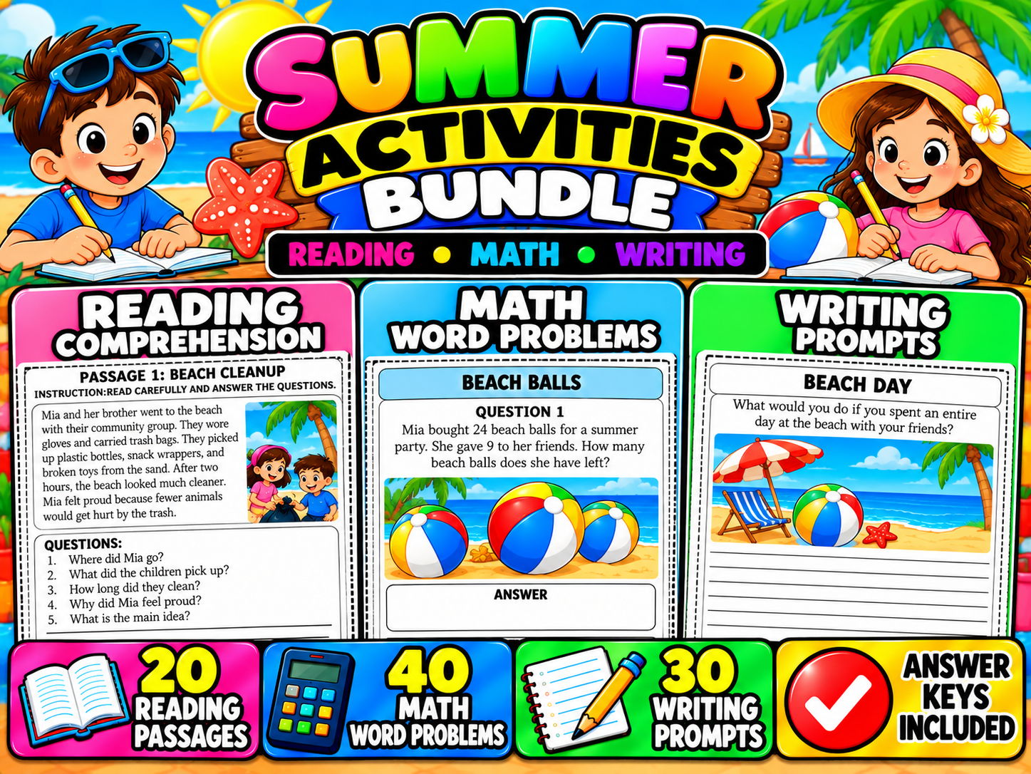 Summer Activities Bundle | Reading Comprehension, Math Word Problems & Writing Prompts