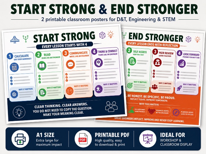 Start Strong & End Stronger | D&T Engineering Lesson Routine & Reflection Posters