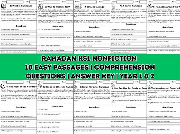 Ramadan KS1 Nonfiction Comprehension | 10 Passages + Questions + answer key | No-prep year | 1-2