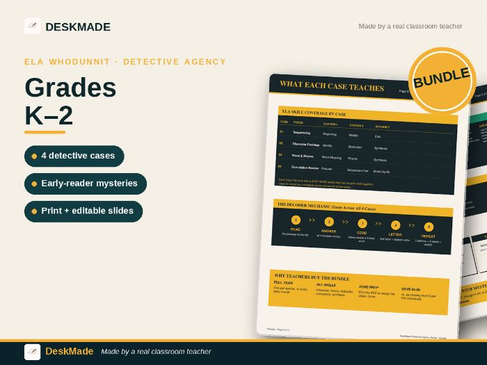 ELA Whodunnit Bundle | Grades K–2 | 4 Detective Mystery Cases
