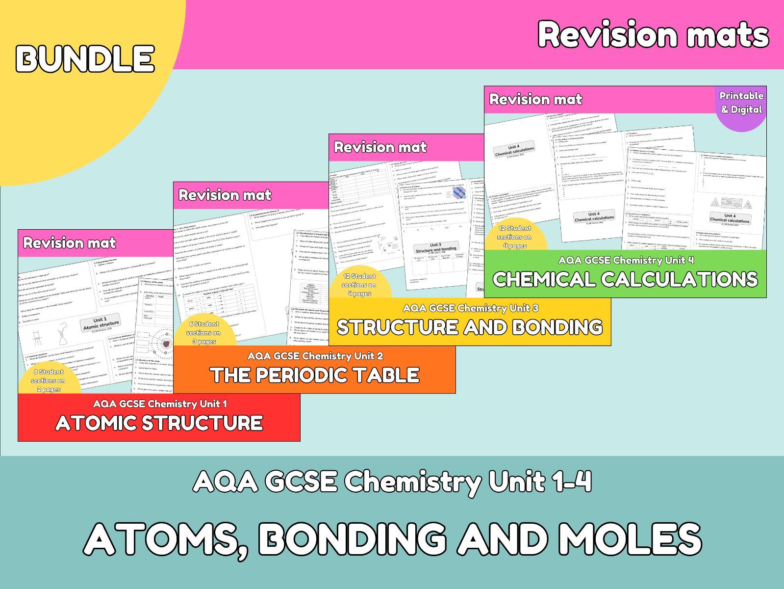 AQA GCSE Chemistry Revision Mats Bundle | Units 1-4 | Atomic structure, Periodic table, Bonding & Calculations