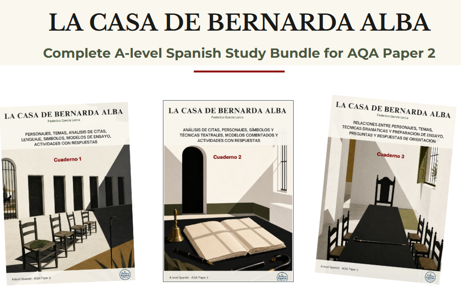 La casa de Bernarda Alba: Complete A-Level Spanish AQA Paper 2 Study Bundle _3 Booklets with Analysis, Essays & Answers