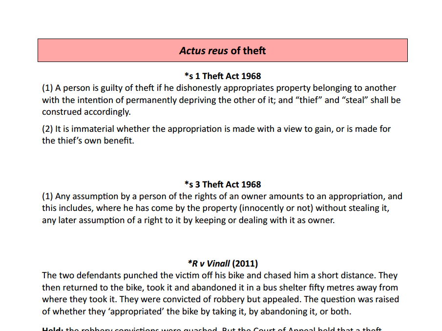 Property offences - case and statute list for OCR A-level law