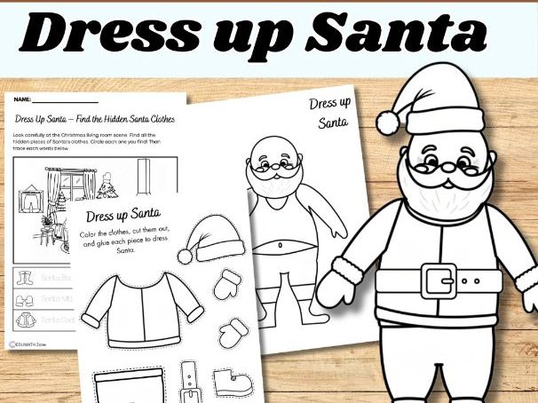 Christmas Dress Up Santa Craft + Hidden Santa Clothes Activity I-Spy Worksheet