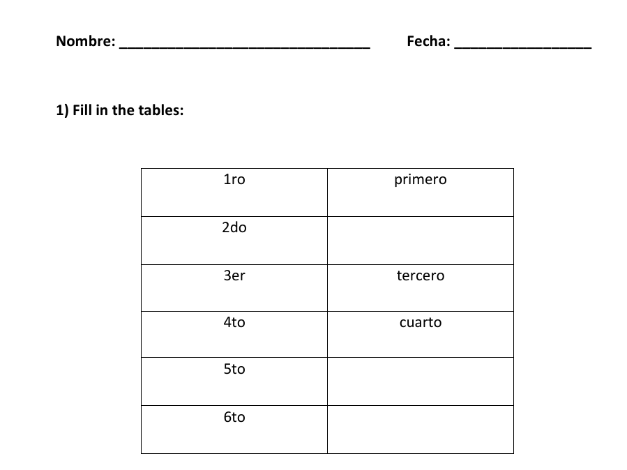 Ordinal Numbers in Spanish Worksheets