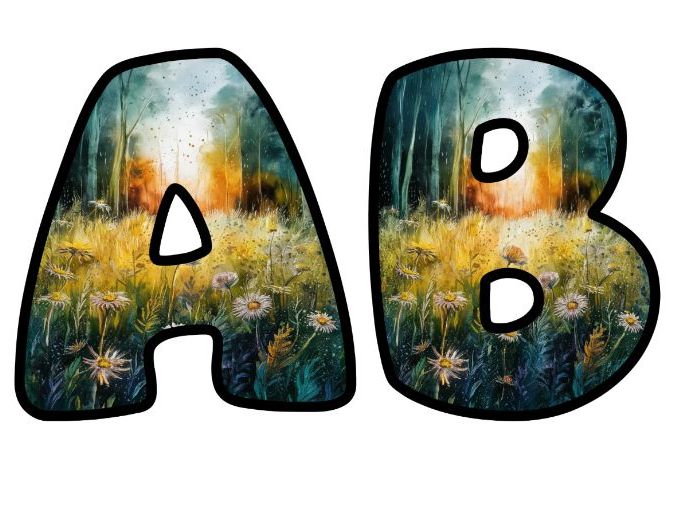 Watercolor Glowing Meadow Lettering Set | Classroom Display | Upper & Lowercase, 0-9 and Signs