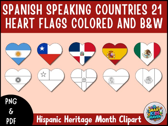 Hispanic Heritage Month Clipart 21 Spanish Speaking Countries Heart Flags PNG.