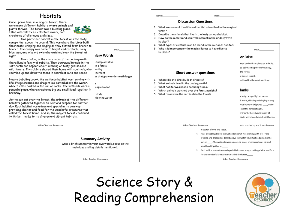 Habitats Reading Science Story Comprehension Questions Worksheet ...