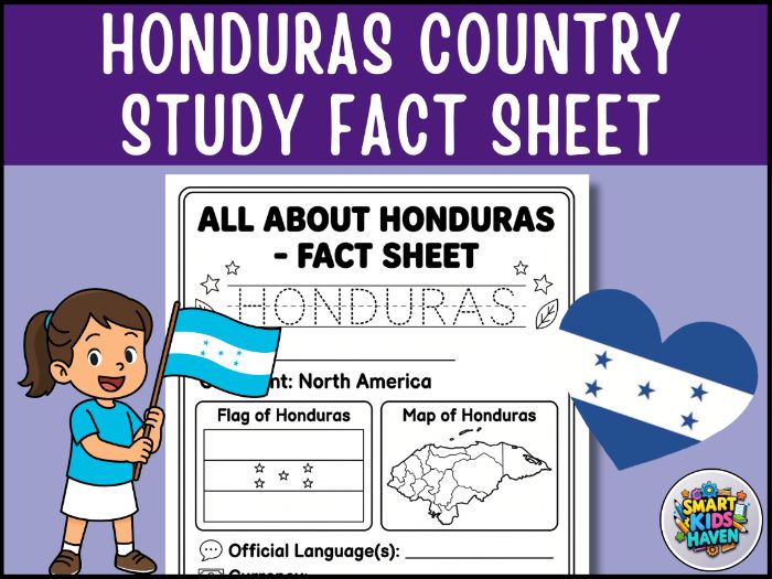 Honduras Map and Flag Country Study Research Project Worksheet Geography.