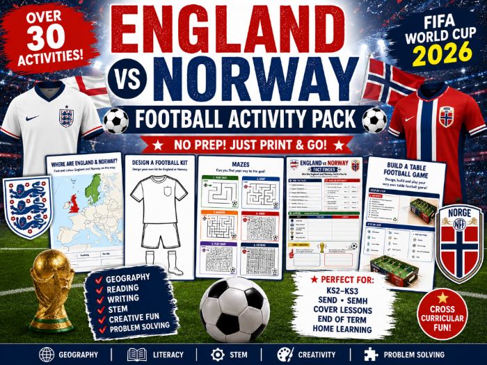 England vs Norway Football Activity Pack | World Cup 2026 | No Prep Worksheets