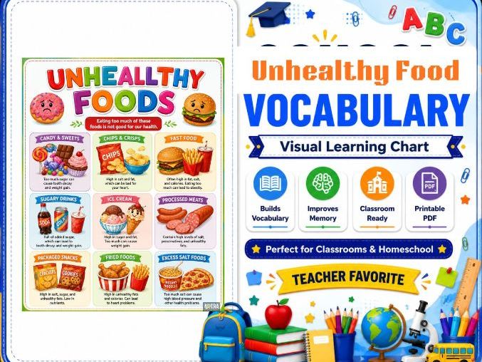Unhealthy Food Learning Chart for Kids | Colorful Nutrition Poster for Preschool, Kindergarten