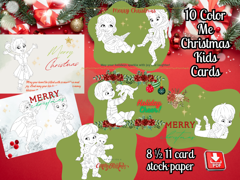 10 Color Me Christmas Cards-DFY-Hand Drawn Illustrations.  Just print and add personal greeting.
