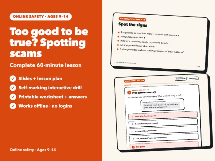 Online Safety Lesson: Spotting Scams & Phishing | Slides, Scenario Drill, Worksheet | Ages 9-14