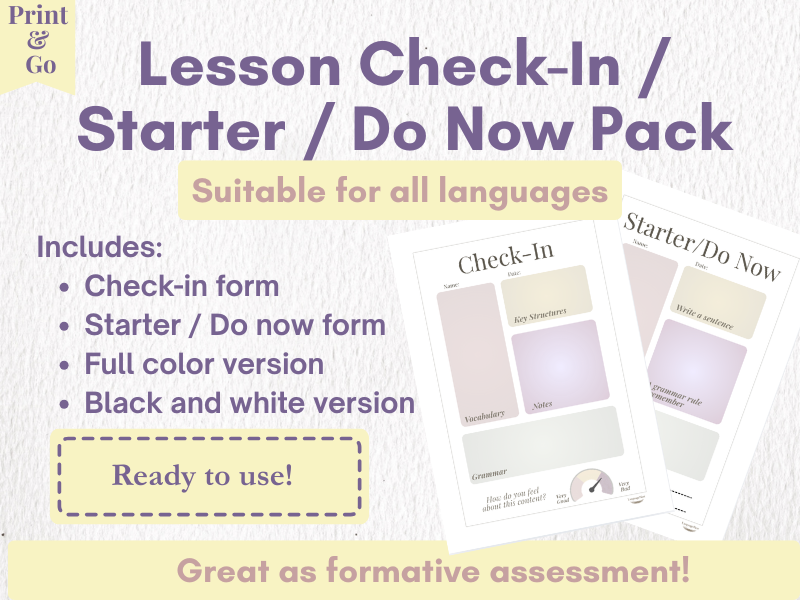 Lesson Check-In Pack: Starters, Do Now, Check-In Worksheet: Spanish, French, German, Italian