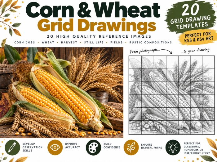 Corn & Wheat Grid Drawing Worksheets – 20 Harvest Art Activities | KS3 & KS4