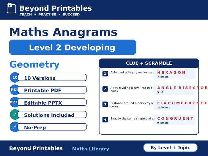 Maths Anagrams Level 2 Geometry | Vocabulary Retrieval PDF + PowerPoint