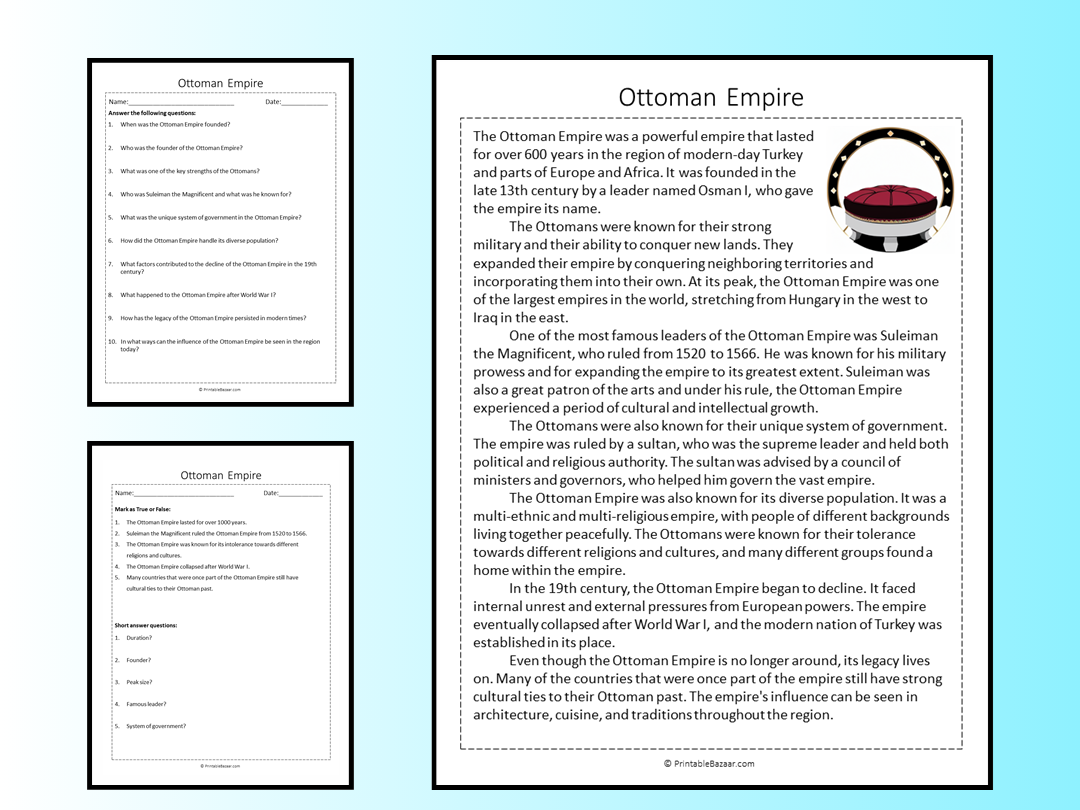 Ottoman Empire Reading Comprehension Passage Printable Worksheet | Teaching Resources
