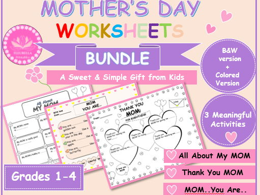 Mother's Day worksheet Bundle for Kids- PDF Printable activities- best for Primary from Grade 1 to 4