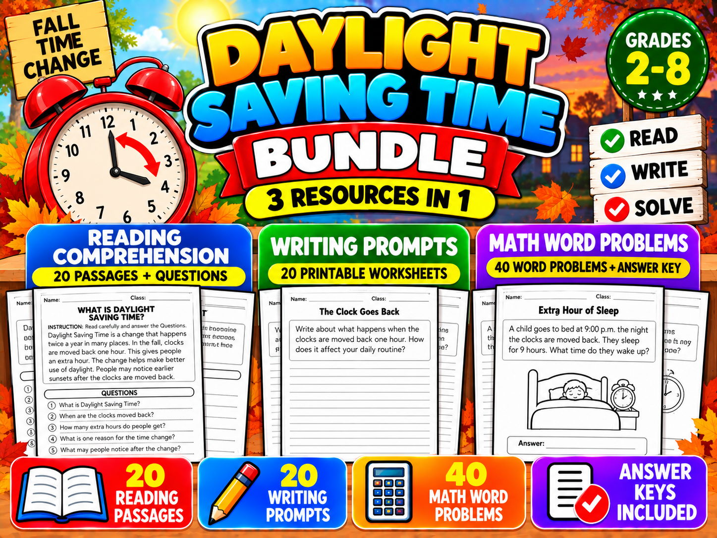 Daylight Saving Time Activities Bundle | Reading, Writing & Math | Grades 2–8