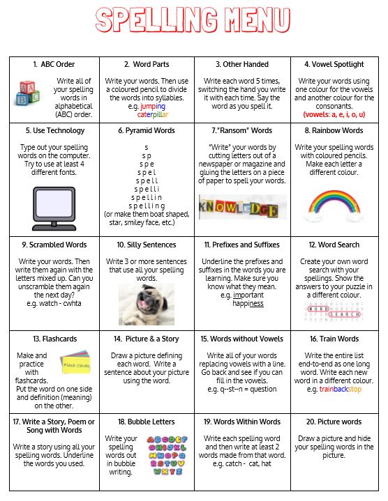 ks2 homework spelling menu with 35 different activities teaching resources