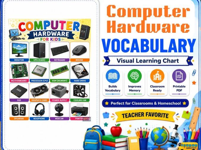 Computer Hardware Chart for Kids | Computer Parts Learning Poster for Preschool, Elementary