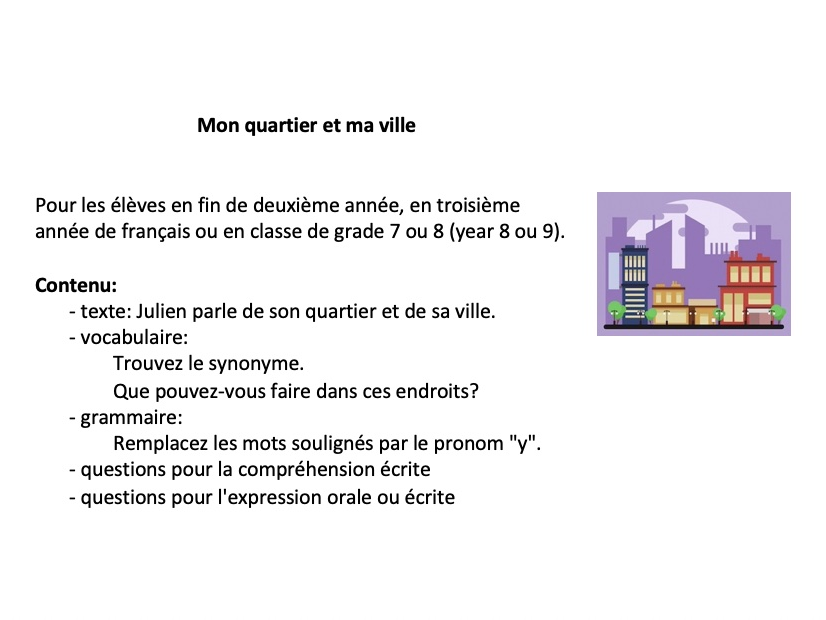 French year 8 or 9 (grade 7 or 8): mon quartier et ma ville (vocabulary, grammar, reading)