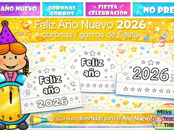 Feliz año nuevo 2026 coronas/gorros de fiesta para colorear Spanish new year hat