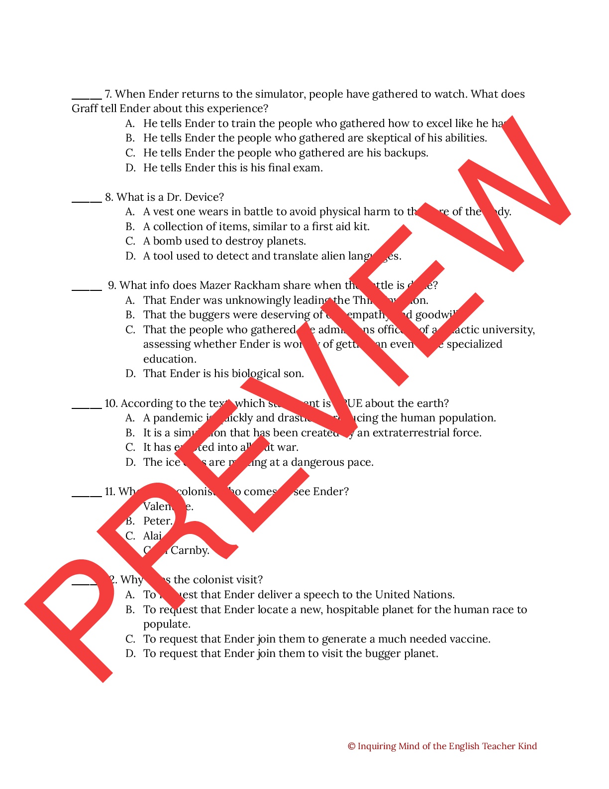 Ender s Game Quiz On Chapters 14 15 Teaching Resources Ender s Game Quiz On Chapters 14 15 Teaching Resources