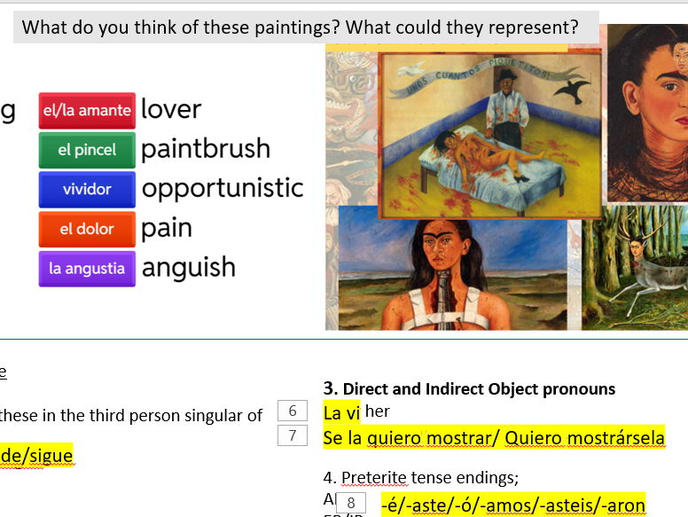 AQA A Level Spanish starter activity on Frida Kahlo, 6.2 vocabulary and grammar points