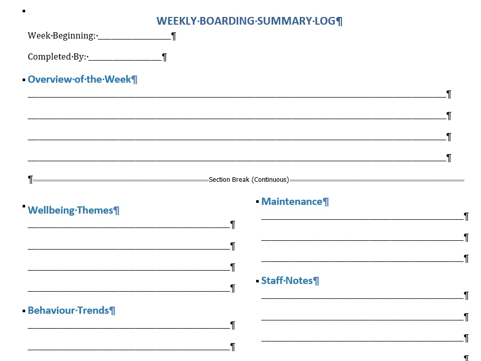 Boarding/Residential Daily and Weekly Log